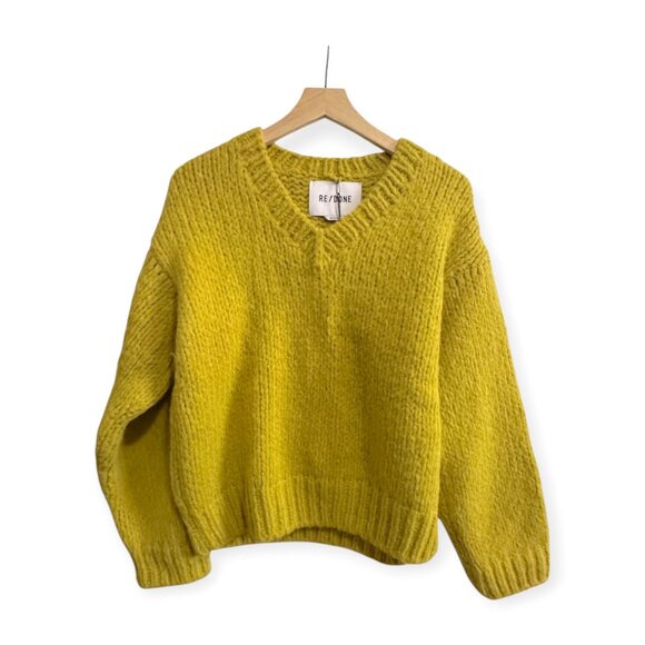 RE/DONE 50s V Neck Pullover Sweater, Wool, Size S, Chartreuse, New with tag - Picture 3 of 12
